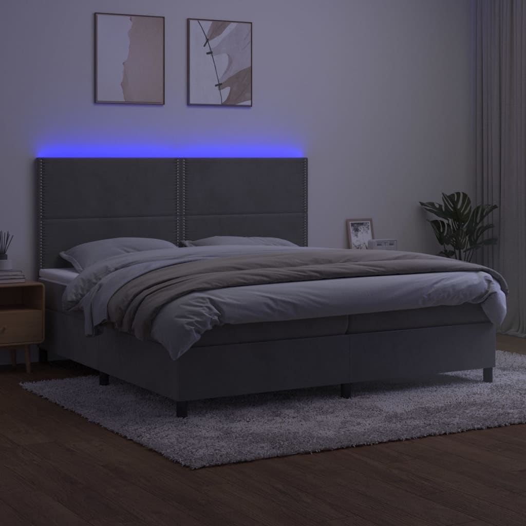Krevet box spring s madracem LED svjetlosivi 200x200 cm baršun