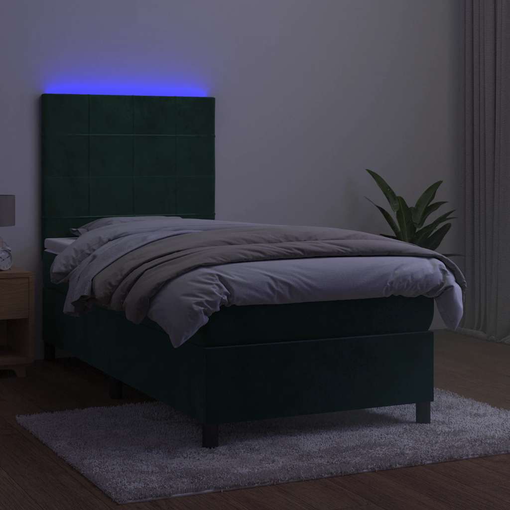 Krevet box spring s madracem LED tamnozeleni 90x190 cm baršun