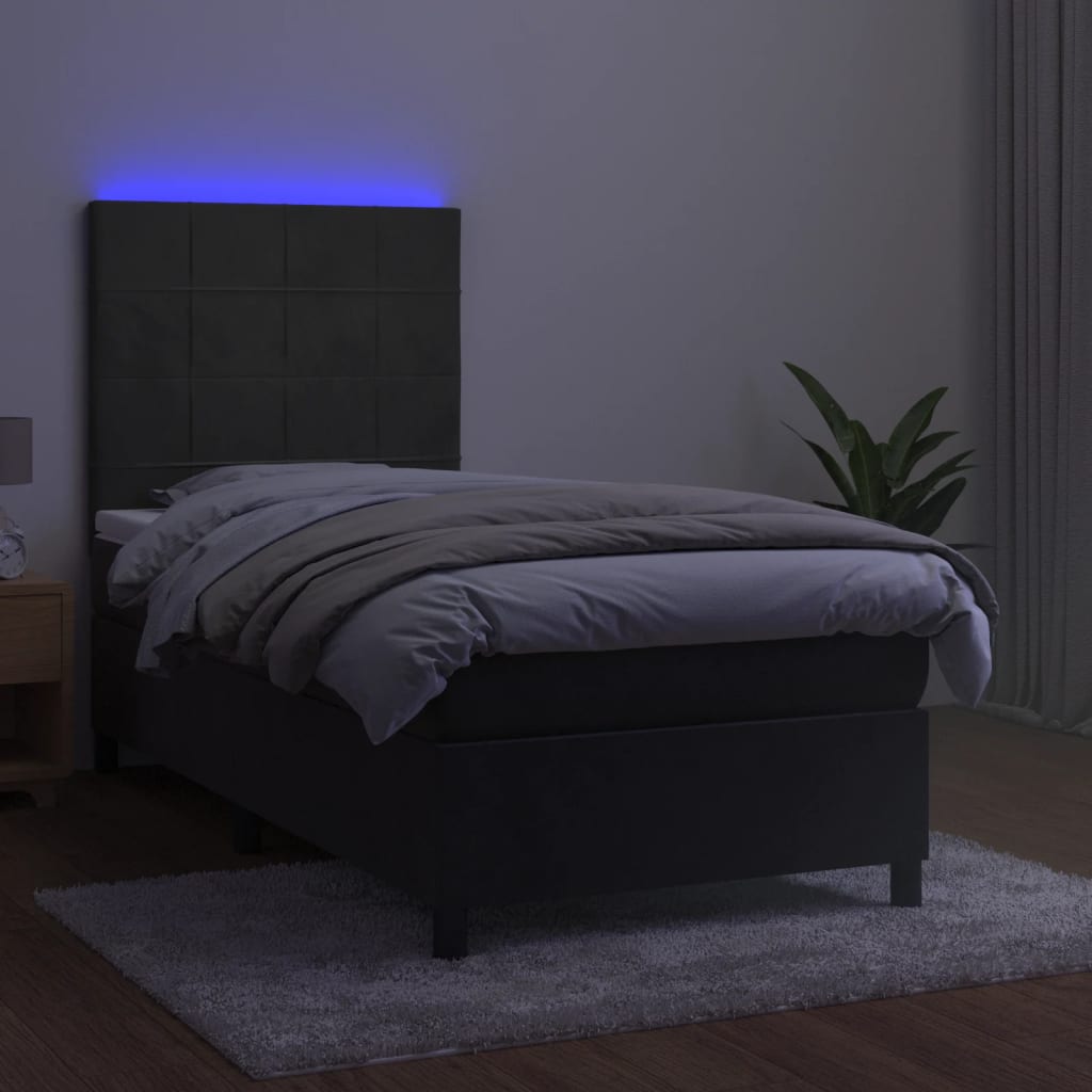 Krevet box spring s madracem LED tamnosivi 90x200 cm baršun