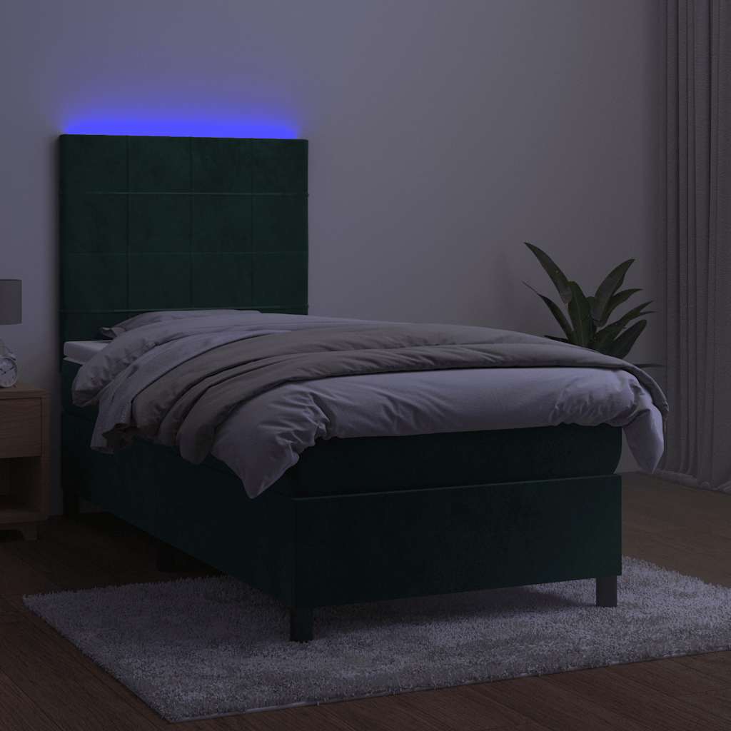 Krevet box spring s madracem LED tamnozeleni 90x200 cm baršun