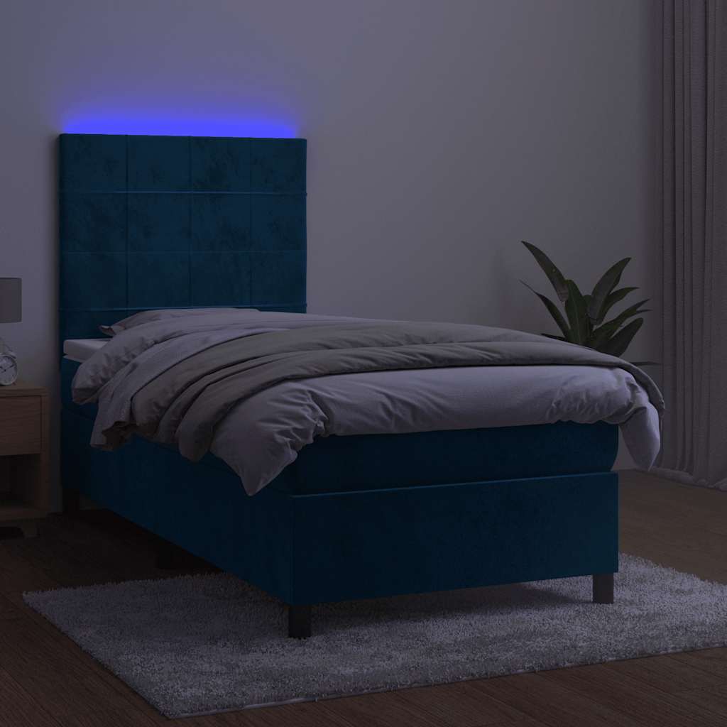 Krevet box spring s madracem LED tamnoplavi 90x200 cm baršun