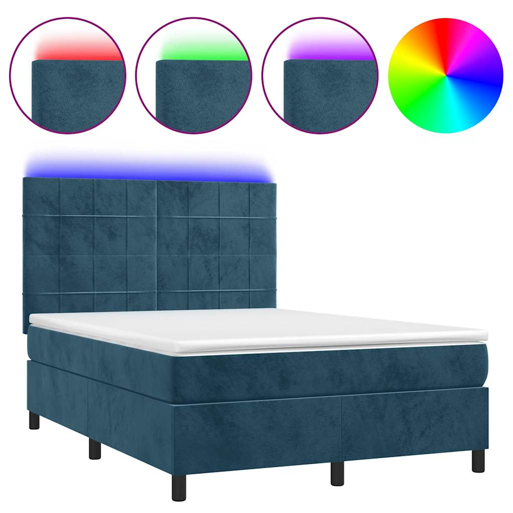 Krevet box spring s madracem LED tamnoplavi 140x190 cm baršun