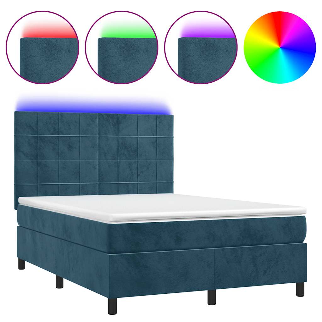 Krevet box spring s madracem LED tamnoplavi 140x200 cm baršun