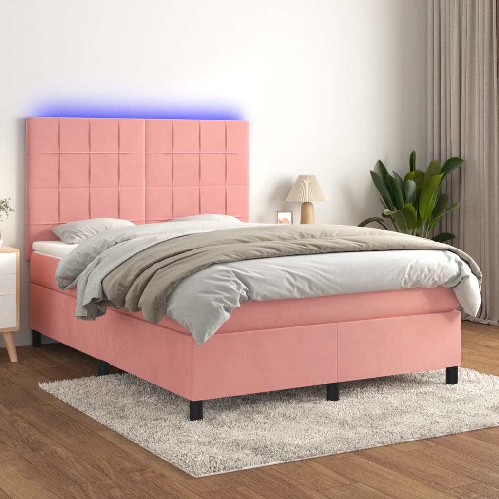 Krevet box spring s madracem LED ružičasti 140x200cm baršunasti