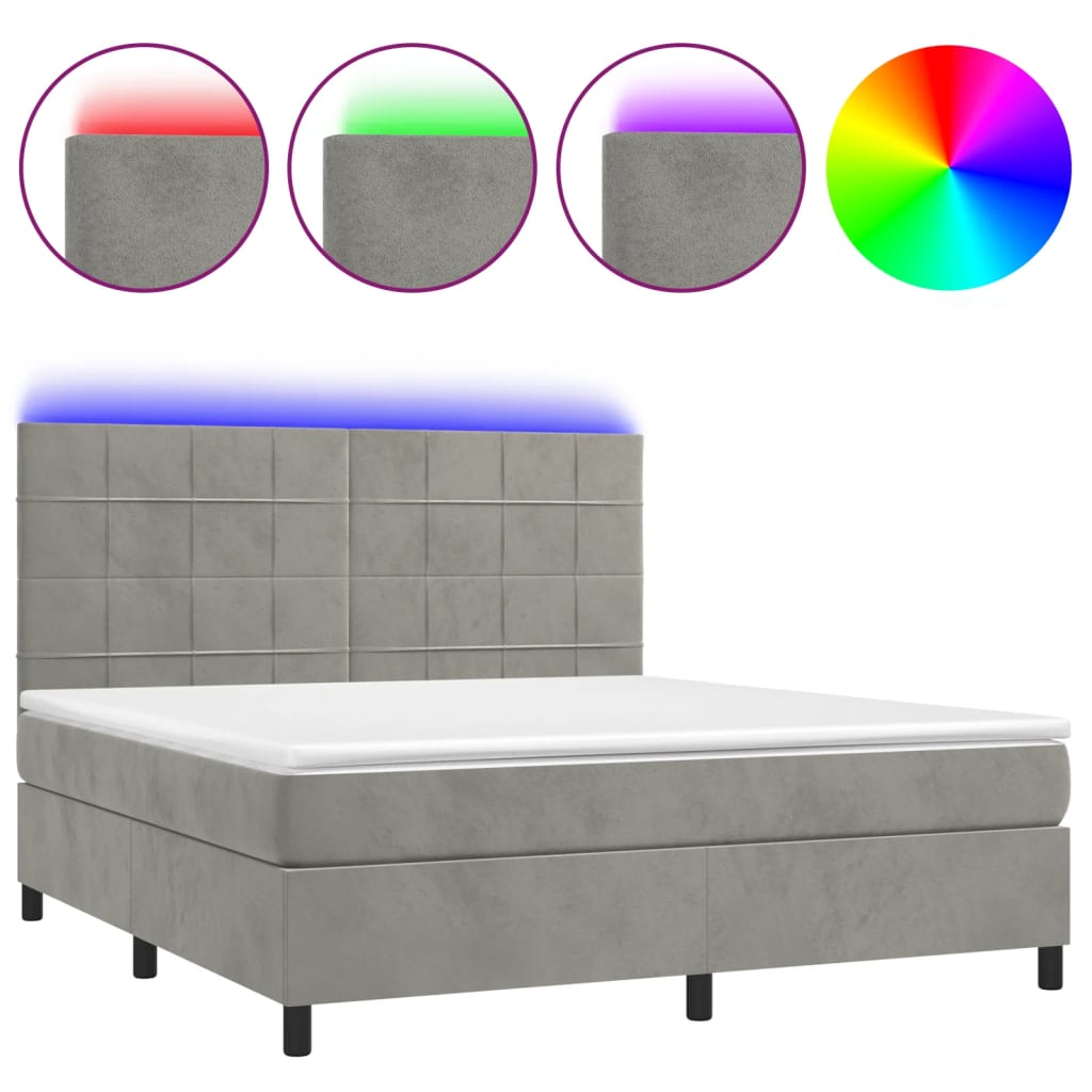 Krevet box spring s madracem LED svjetlosivi 160x200 cm baršun