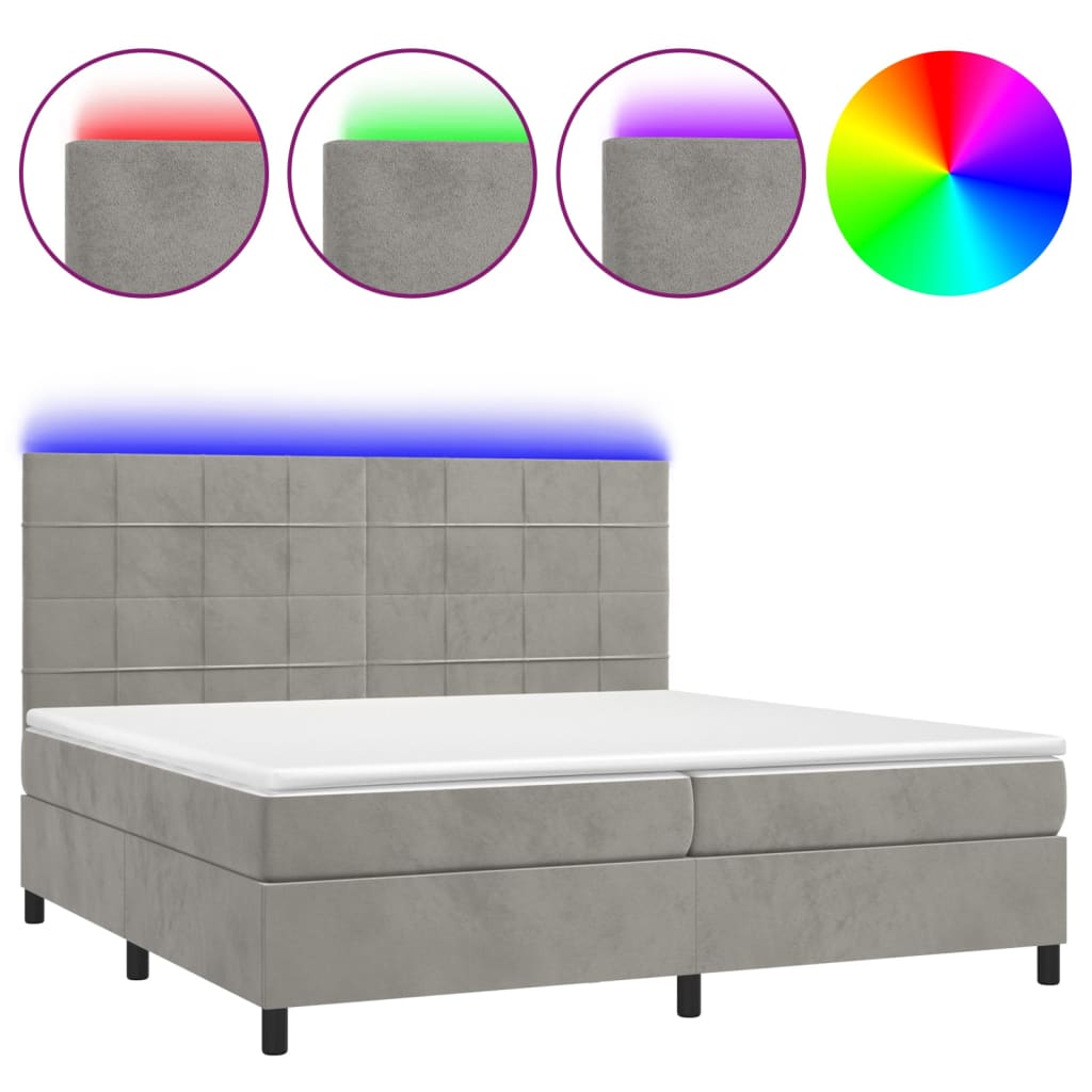 Krevet box spring s madracem LED svjetlosivi 200x200 cm baršun