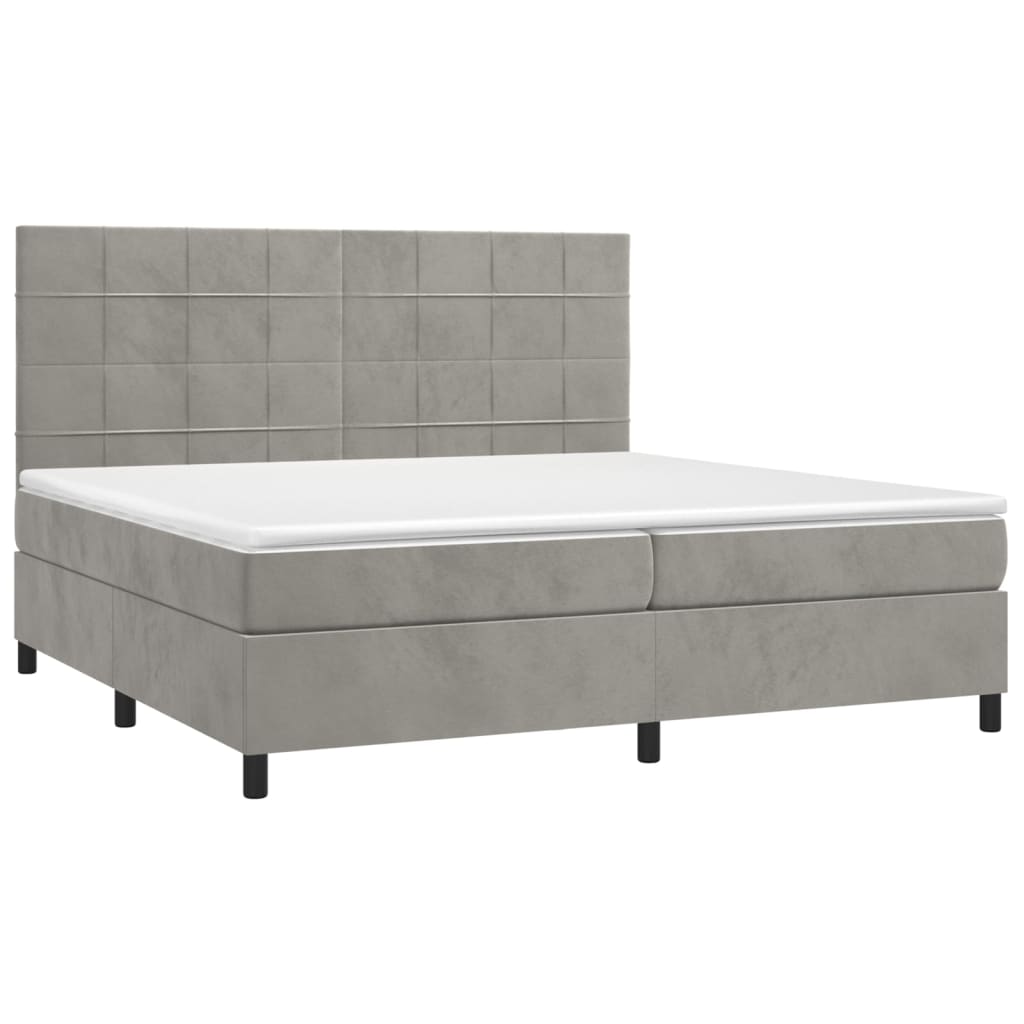 Krevet box spring s madracem LED svjetlosivi 200x200 cm baršun