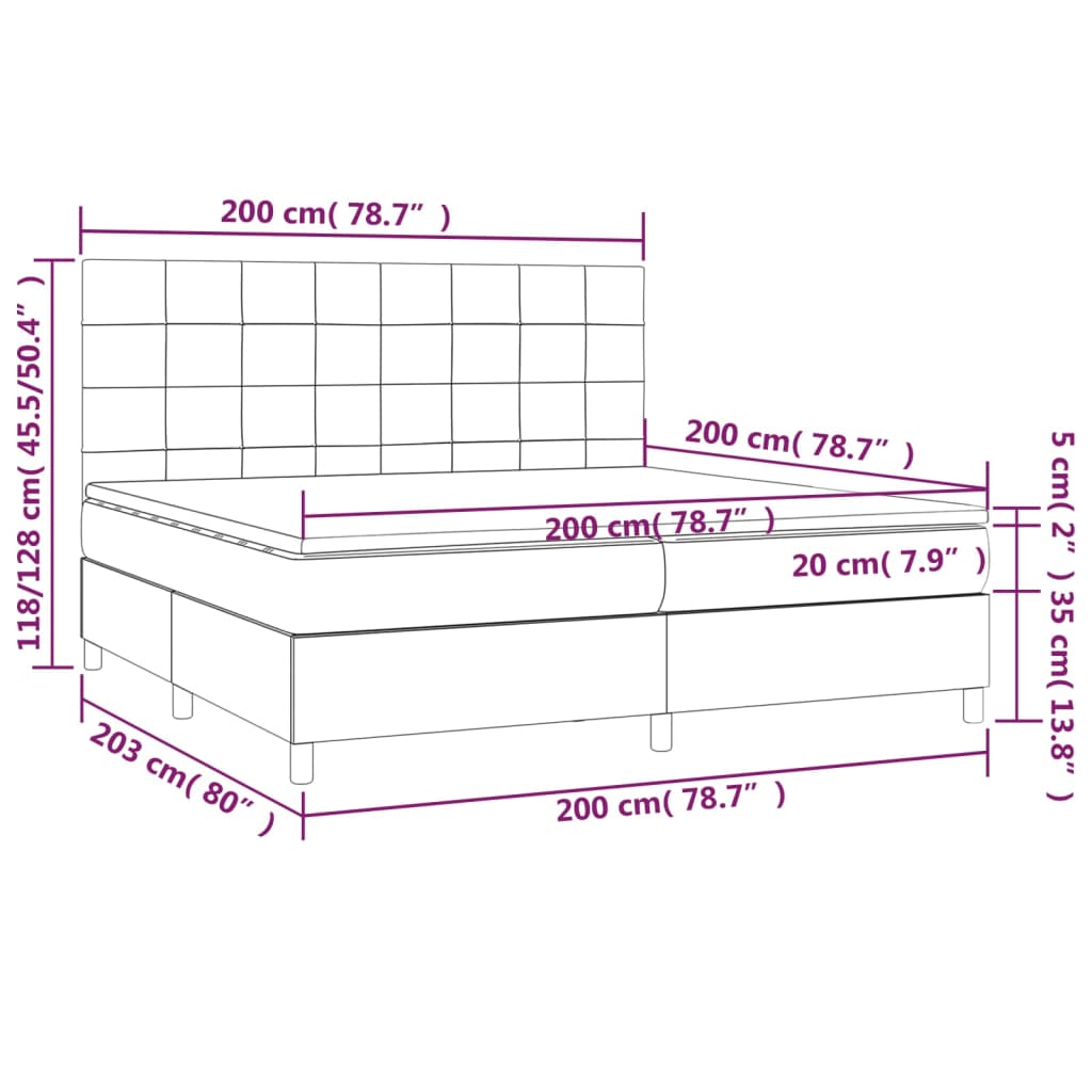 Krevet box spring s madracem LED svjetlosivi 200x200 cm baršun