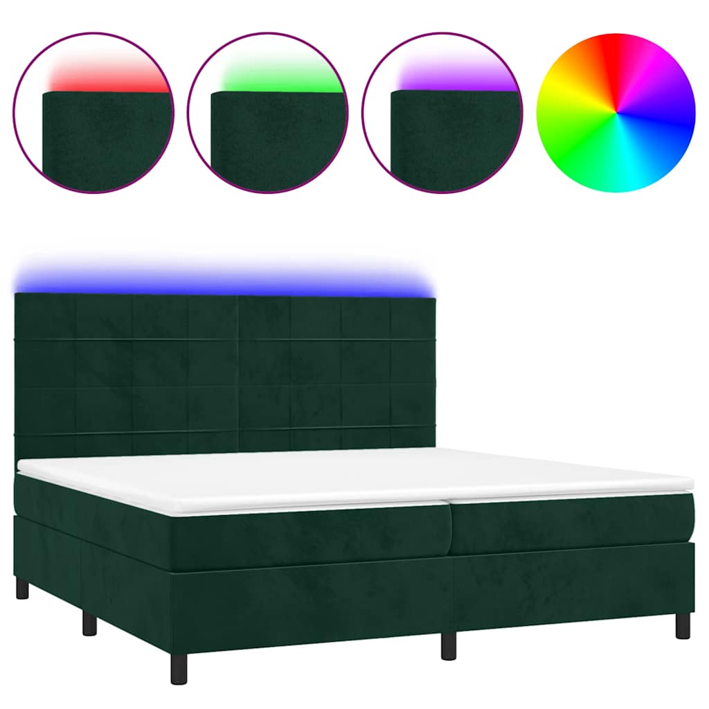 Krevet box spring s madracem LED tamnozeleni 200x200 cm baršun