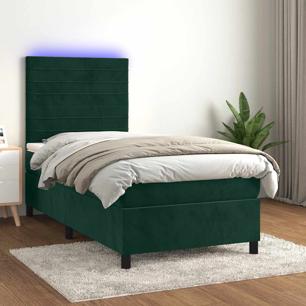 Krevet box spring s madracem LED tamnozeleni 80 x 200 cm baršun