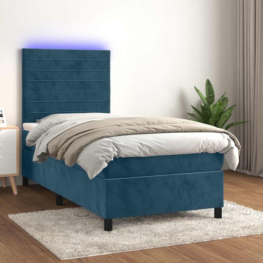 Krevet box spring s madracem LED tamnoplavi 80 x 200 cm baršun