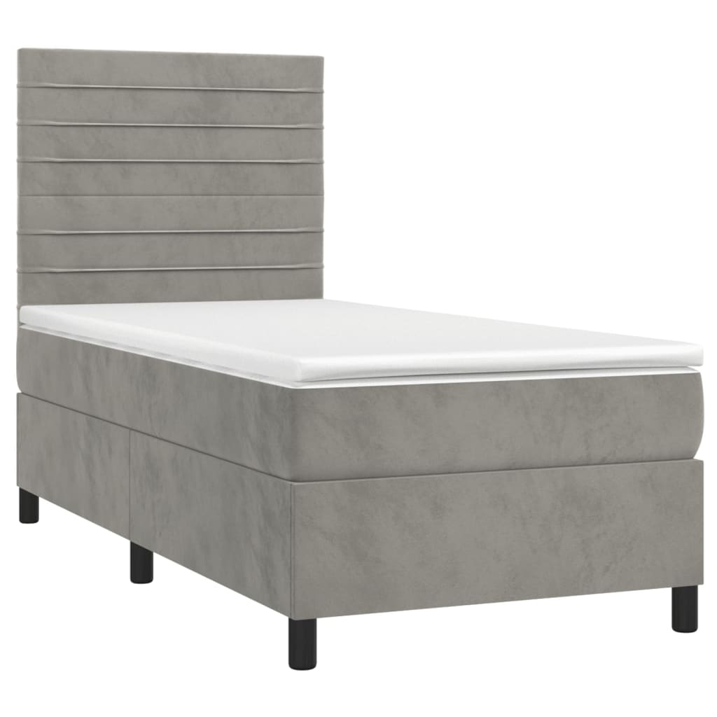Krevet box spring s madracem LED svjetlosivi 90x190 cm baršun