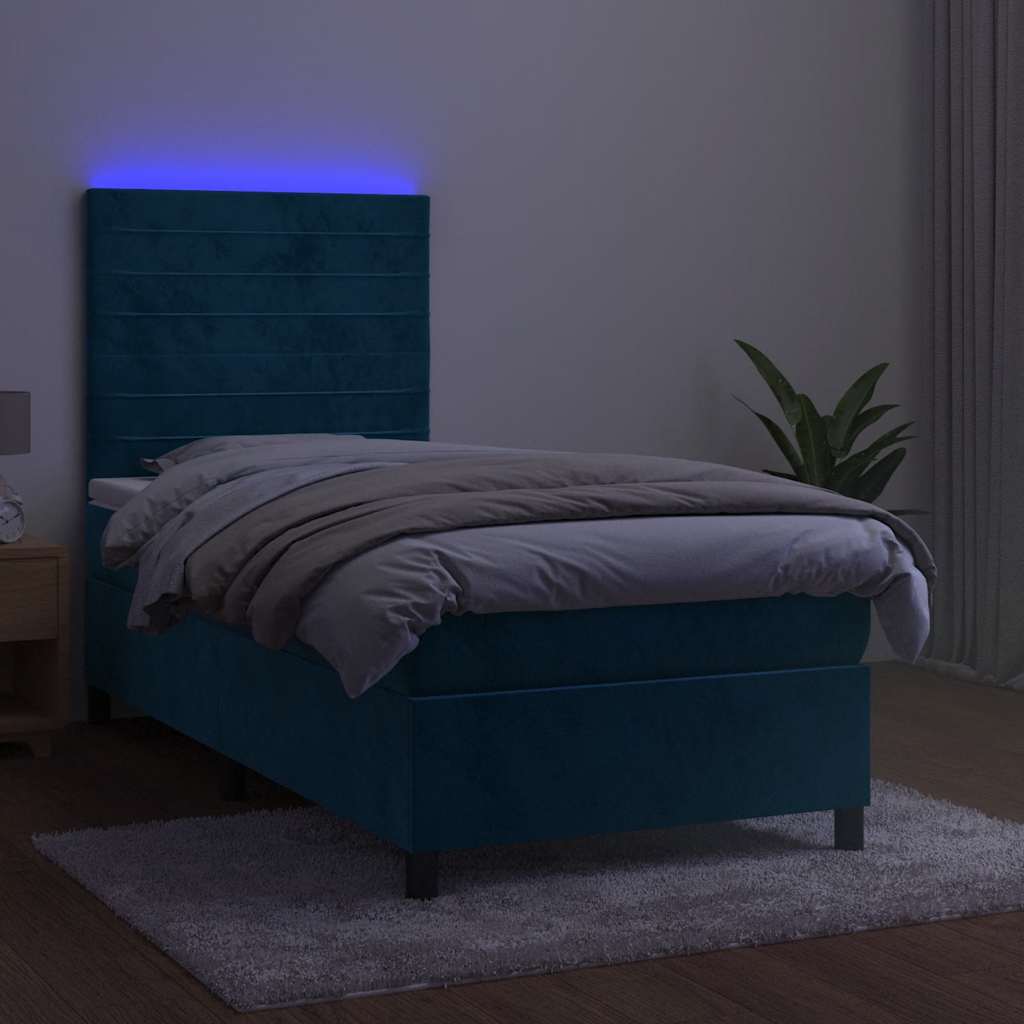 Krevet box spring s madracem LED tamnoplavi 90x200 cm baršun