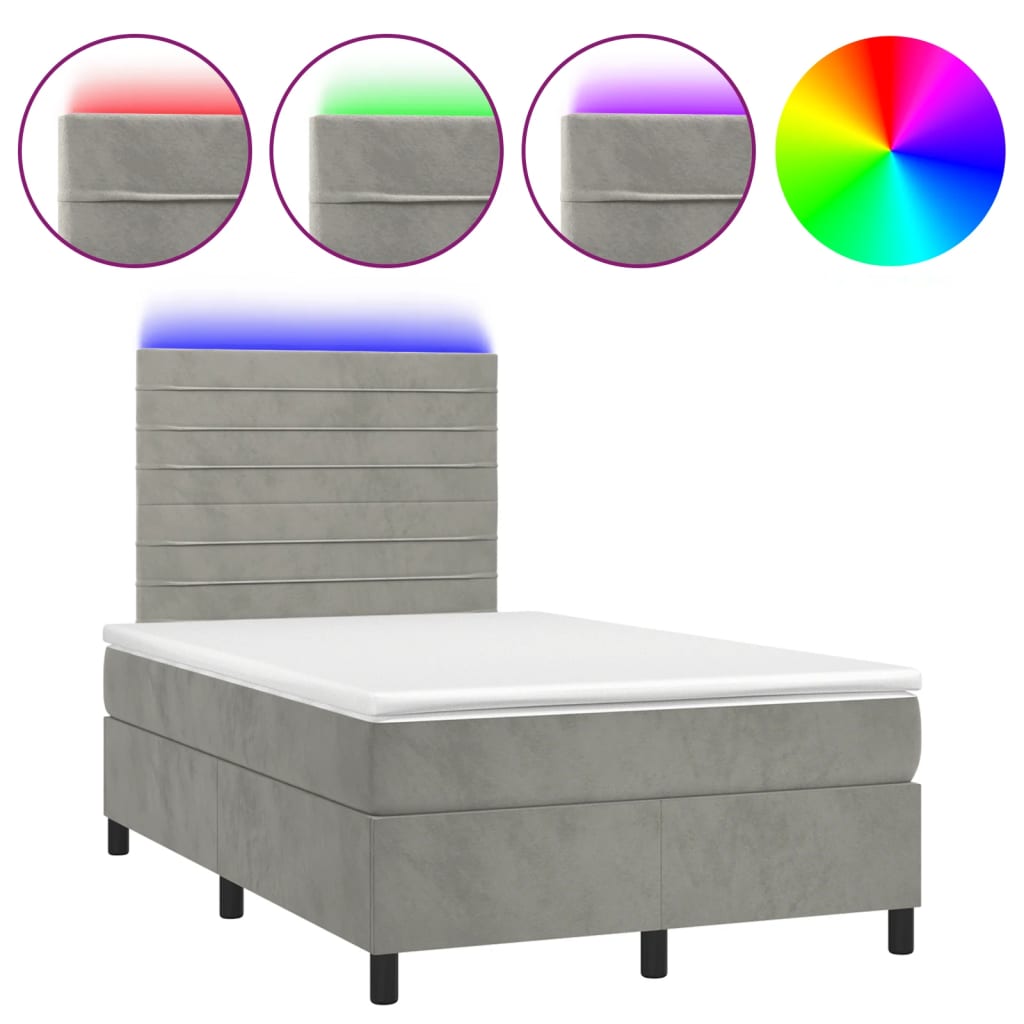 Krevet box spring s madracem LED svjetlosivi 120x200 cm baršun