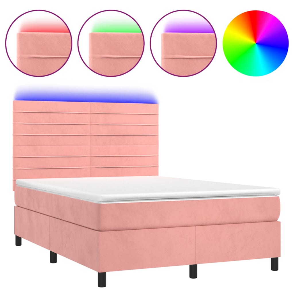 Krevet box spring s madracem LED ružičasti 140x200cm baršunasti