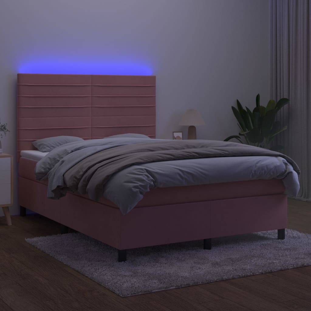 Krevet box spring s madracem LED ružičasti 140x200cm baršunasti