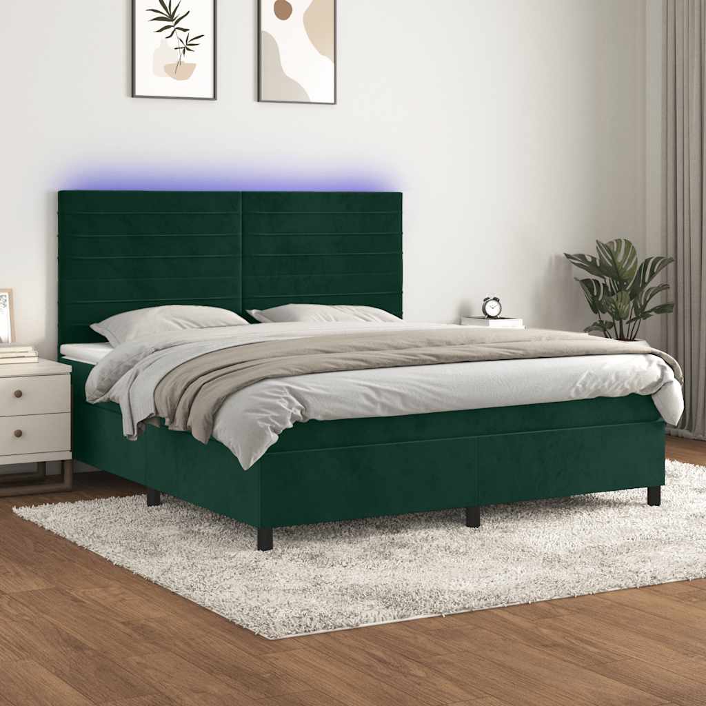 Krevet box spring s madracem LED tamnozeleni 160x200 cm baršun