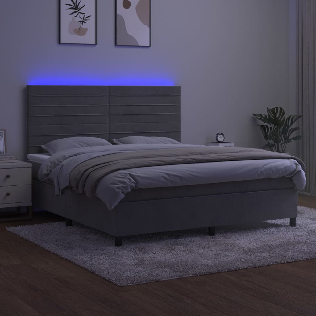 Krevet box spring s madracem LED svjetlosivi 180x200 cm baršun