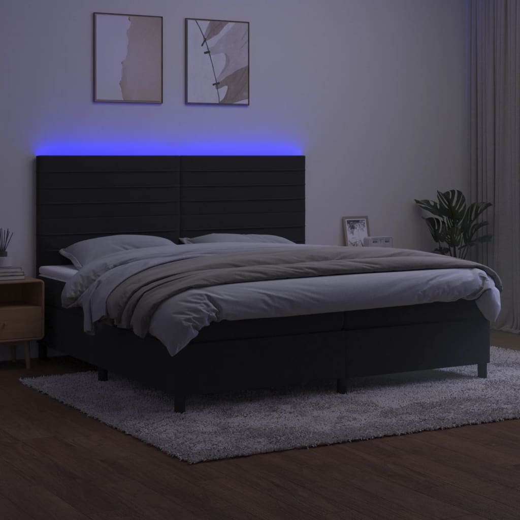 Krevet box spring s madracem LED crni 200x200 cm baršun