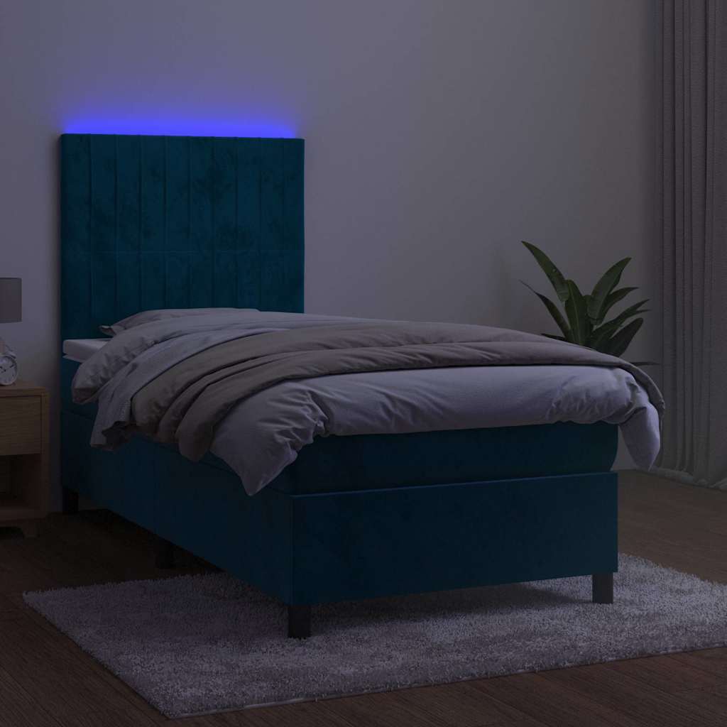 Krevet box spring s madracem LED tamnoplavi 90x190 cm baršun