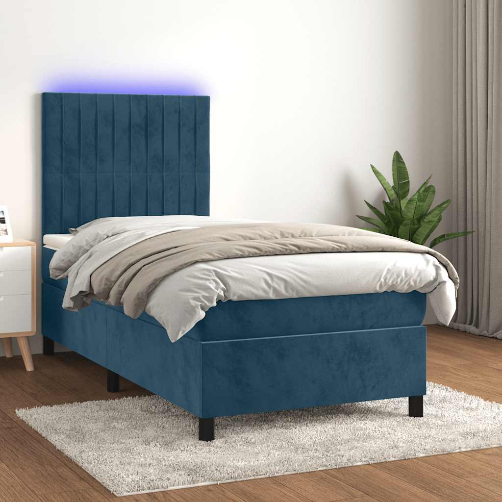 Krevet box spring s madracem LED tamnoplavi 90x190 cm baršun