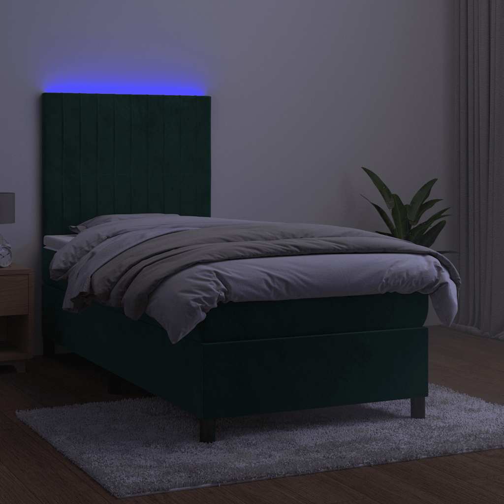 Krevet box spring s madracem LED tamnozeleni 90x200 cm baršun