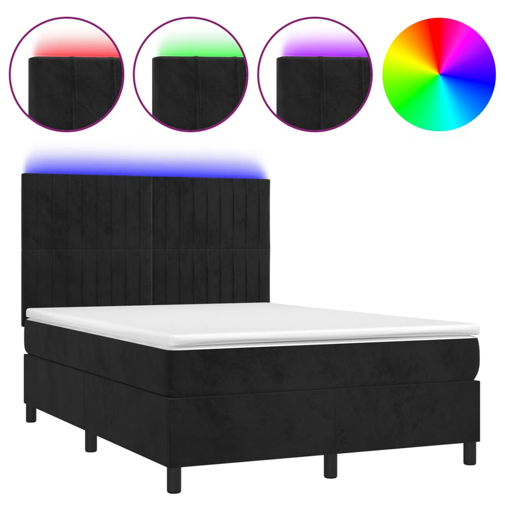 Krevet box spring s madracem LED crni 140x190 cm baršun