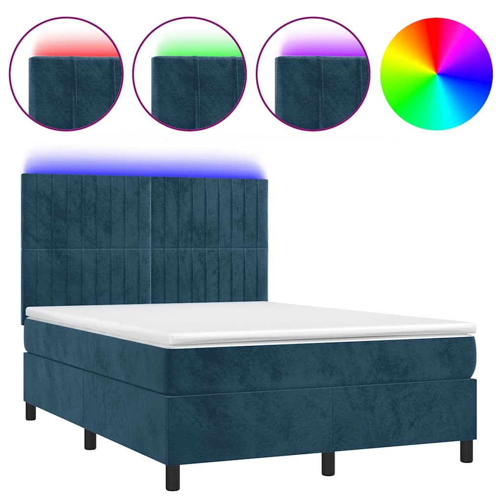 Krevet box spring s madracem LED tamnoplavi 140x190 cm baršun