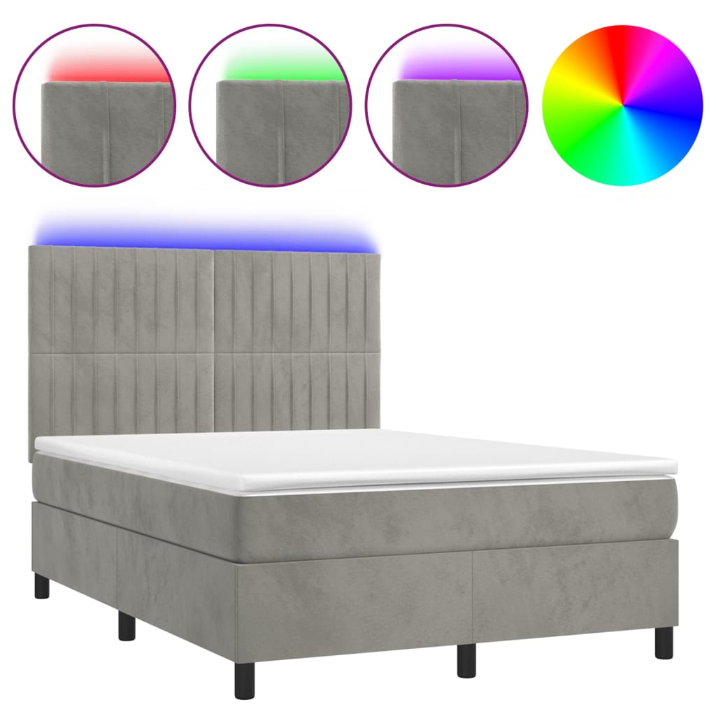 Krevet box spring s madracem LED svjetlosivi 140x200 cm baršun