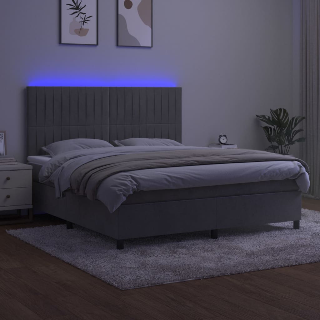Krevet box spring s madracem LED svjetlosivi 160x200 cm baršun