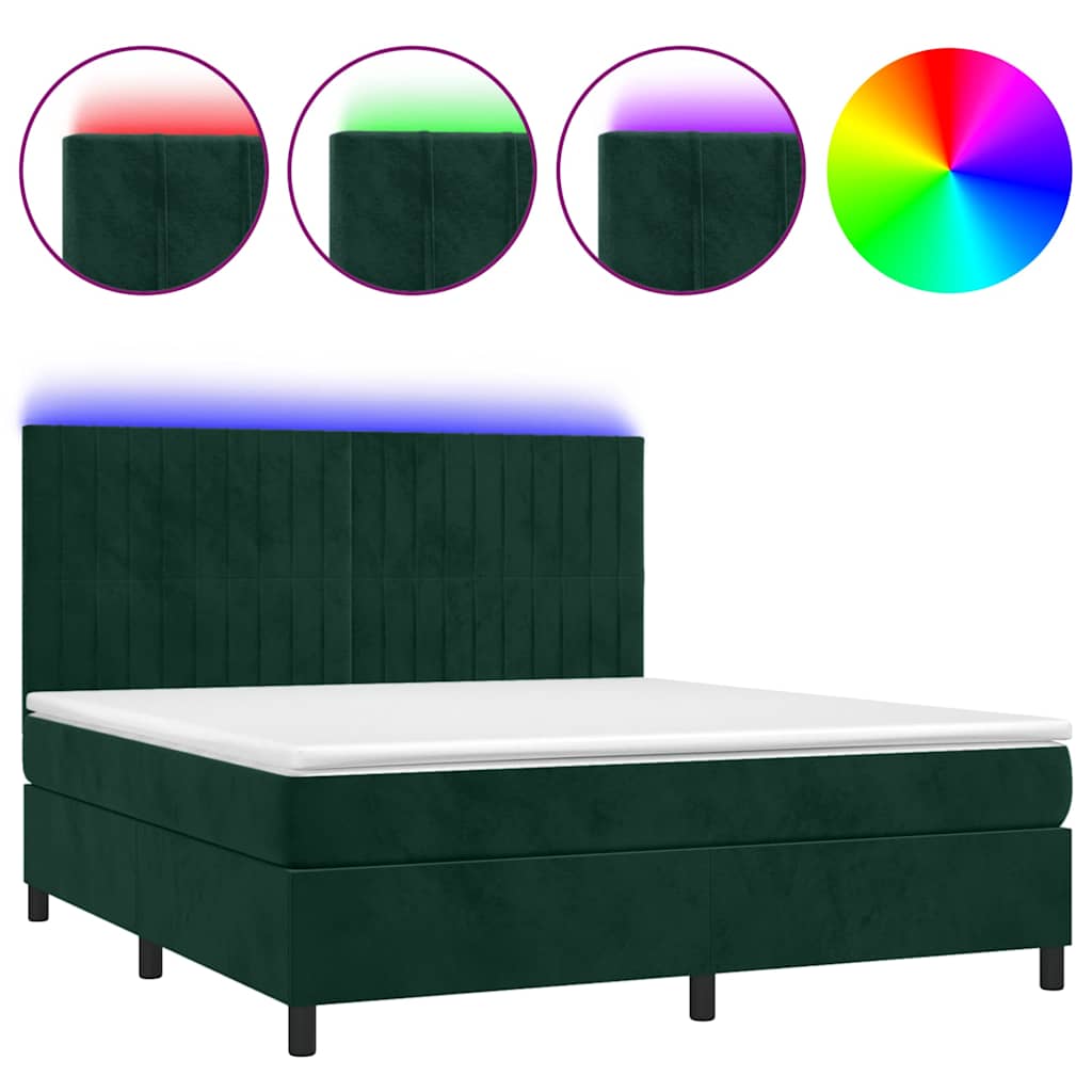 Krevet box spring s madracem LED tamnozeleni 160x200 cm baršun