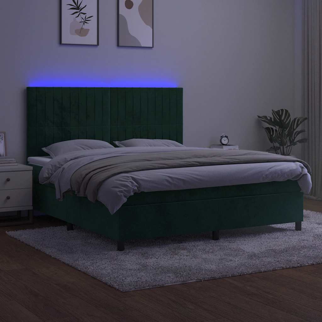 Krevet box spring s madracem LED tamnozeleni 160x200 cm baršun