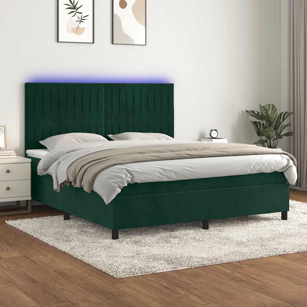 Krevet box spring s madracem LED tamnozeleni 160x200 cm baršun