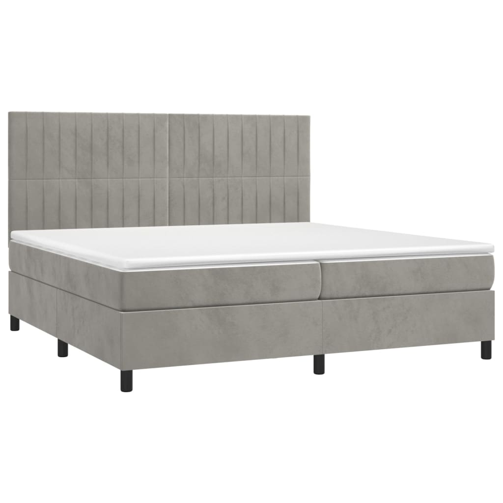 Krevet box spring s madracem LED svjetlosivi 200x200 cm baršun