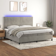 Krevet box spring s madracem LED svjetlosivi 200x200 cm baršun