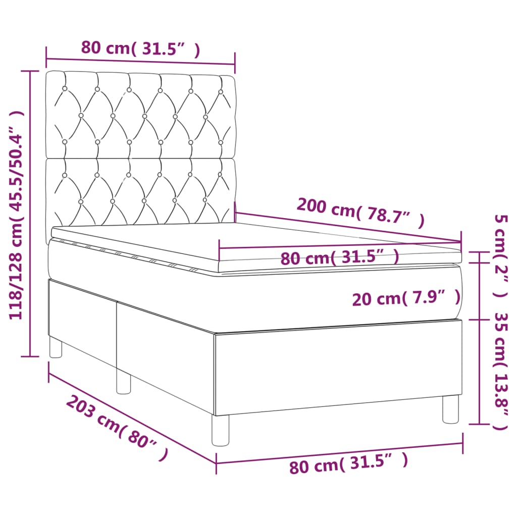 Krevet box spring s madracem LED svjetlosivi 80x200 cm baršun