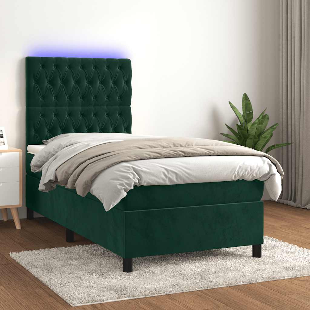 Krevet box spring s madracem LED tamnozeleni 80 x 200 cm baršun