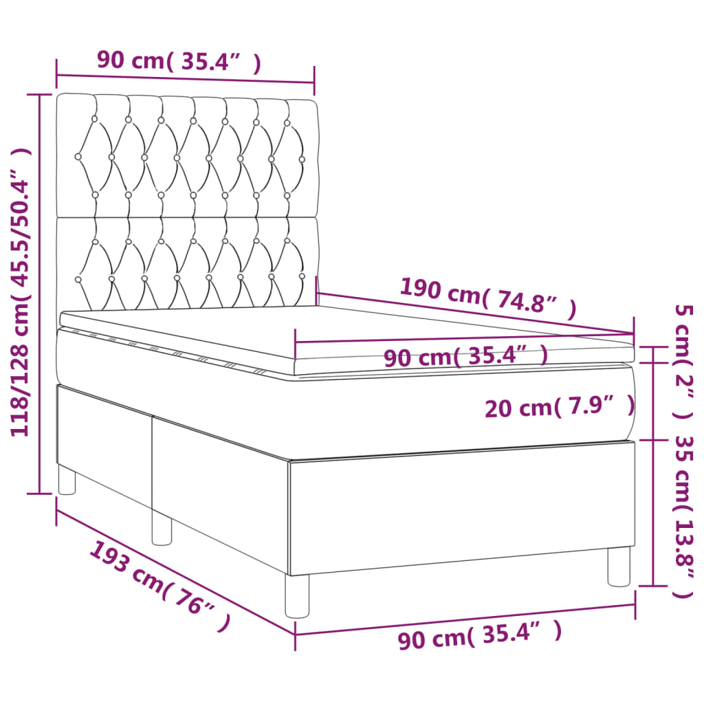 Krevet box spring s madracem LED svjetlosivi 90x190 cm baršun