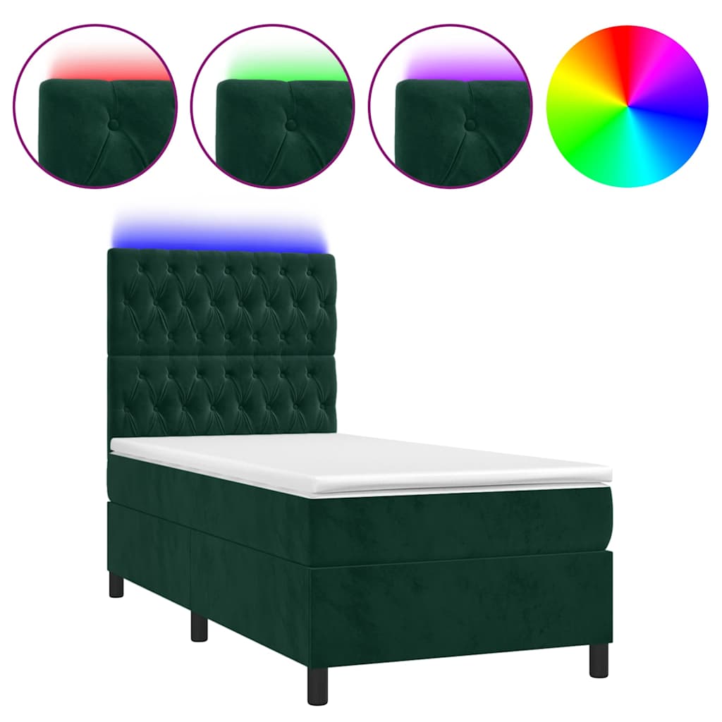 Krevet box spring s madracem LED tamnozeleni 90x190 cm baršun