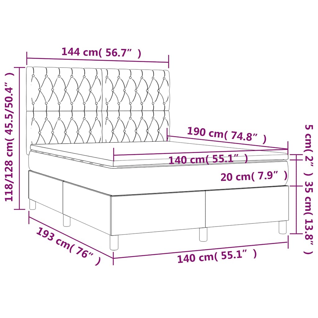 Krevet box spring s madracem LED tamnozeleni 140x190 cm baršun