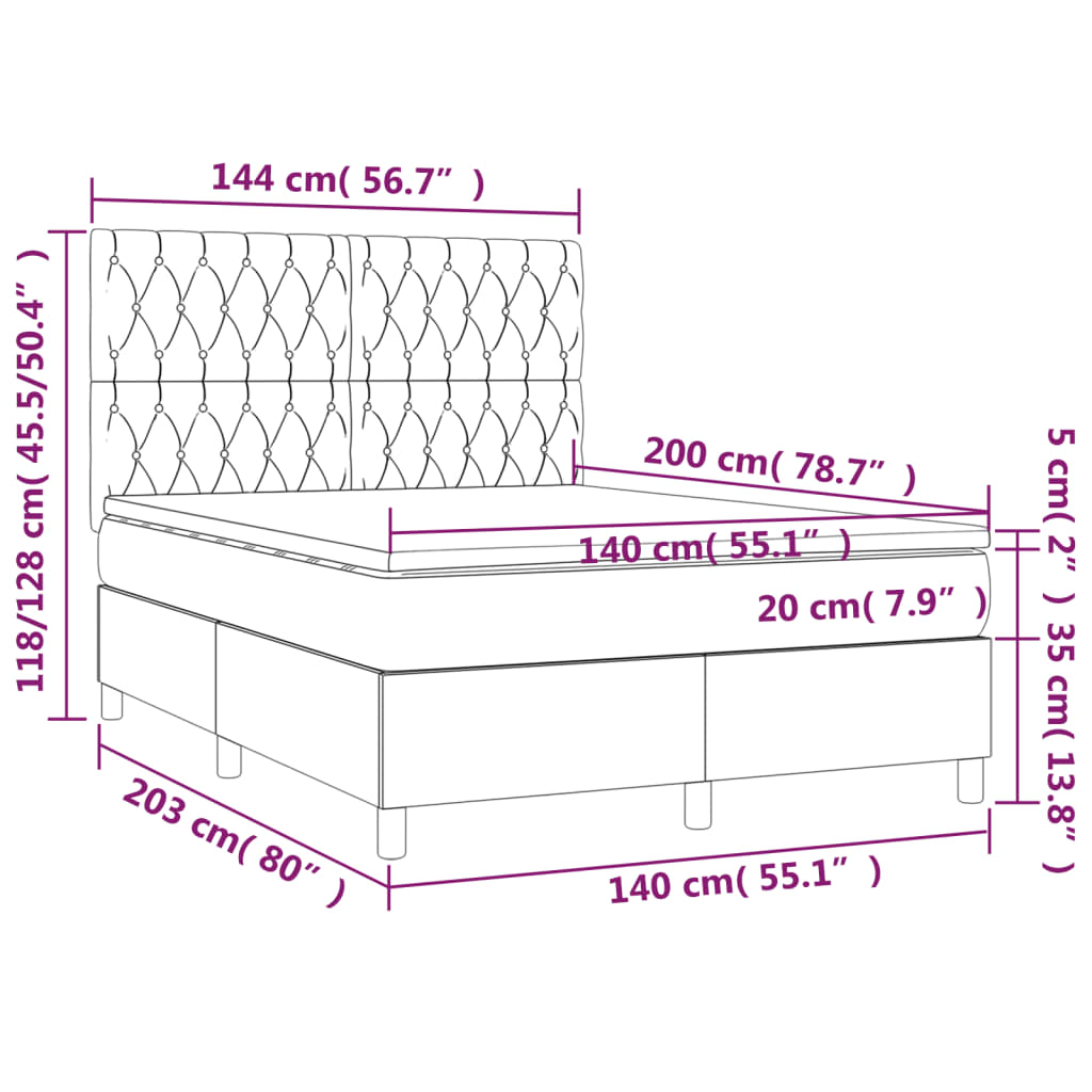 Krevet box spring s madracem LED svjetlosivi 140x200 cm baršun