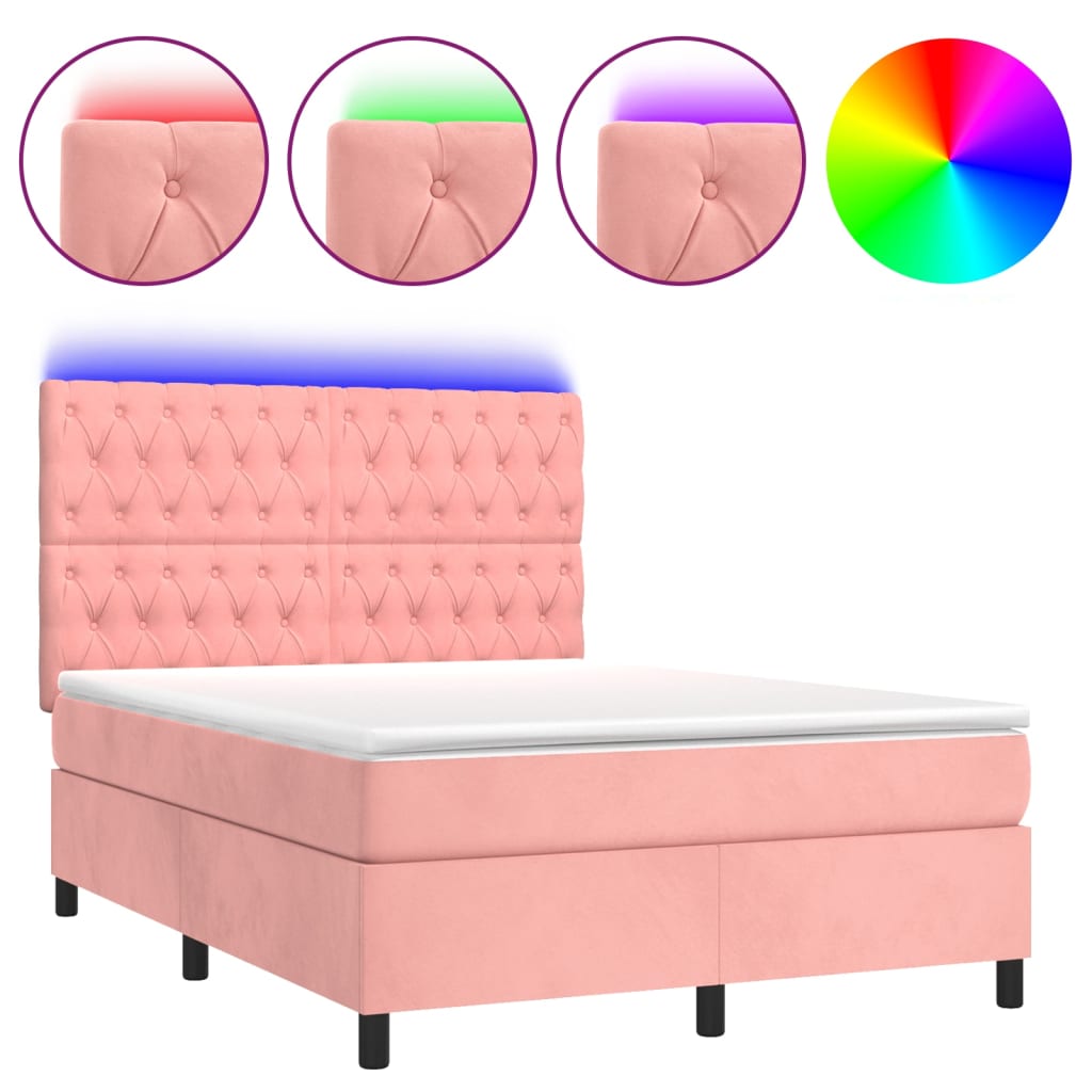 Krevet box spring s madracem LED ružičasti 140x200cm baršunasti
