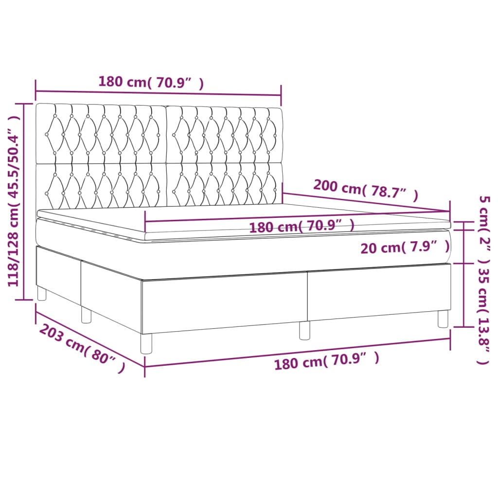 Krevet box spring s madracem LED crni 180x200 cm baršun
