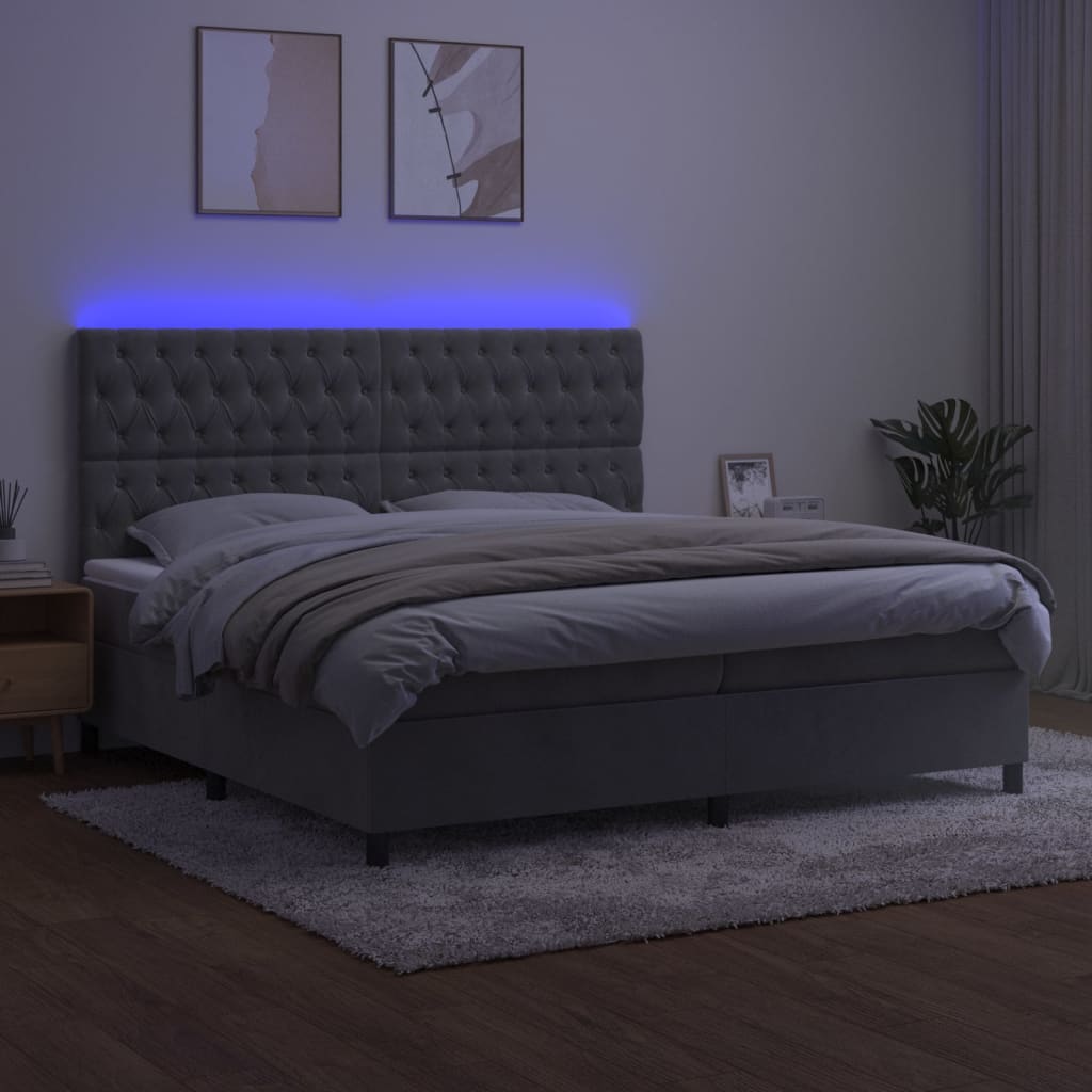 Krevet box spring s madracem LED svjetlosivi 200x200 cm baršun
