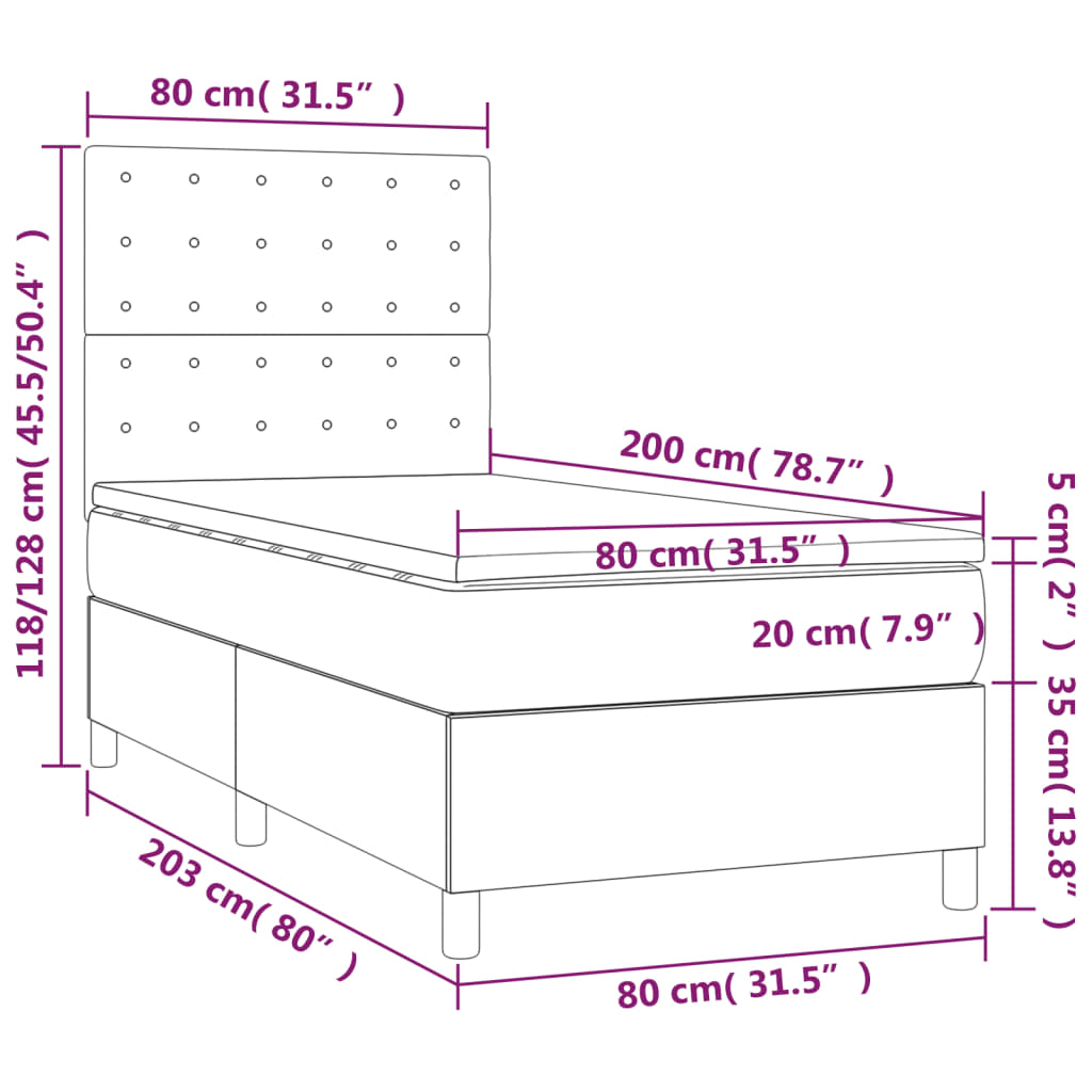 Krevet box spring s madracem LED tamnosivi 80 x 200 cm baršun