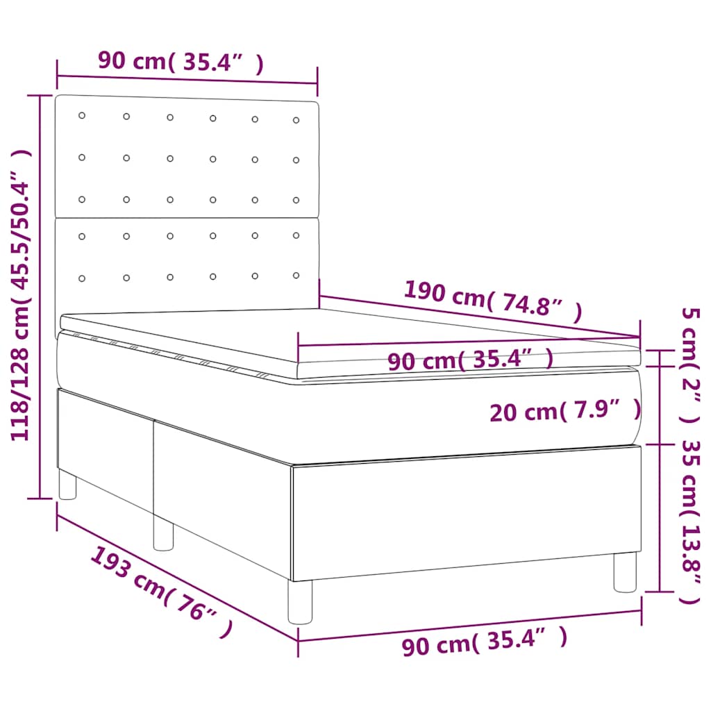 Krevet box spring s madracem LED tamnozeleni 90x190 cm baršun