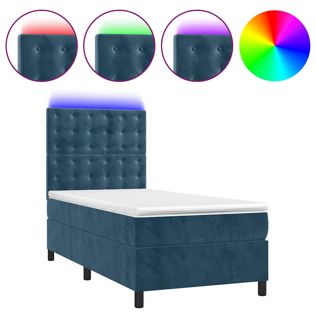 Krevet box spring s madracem LED tamnoplavi 90x200 cm baršun