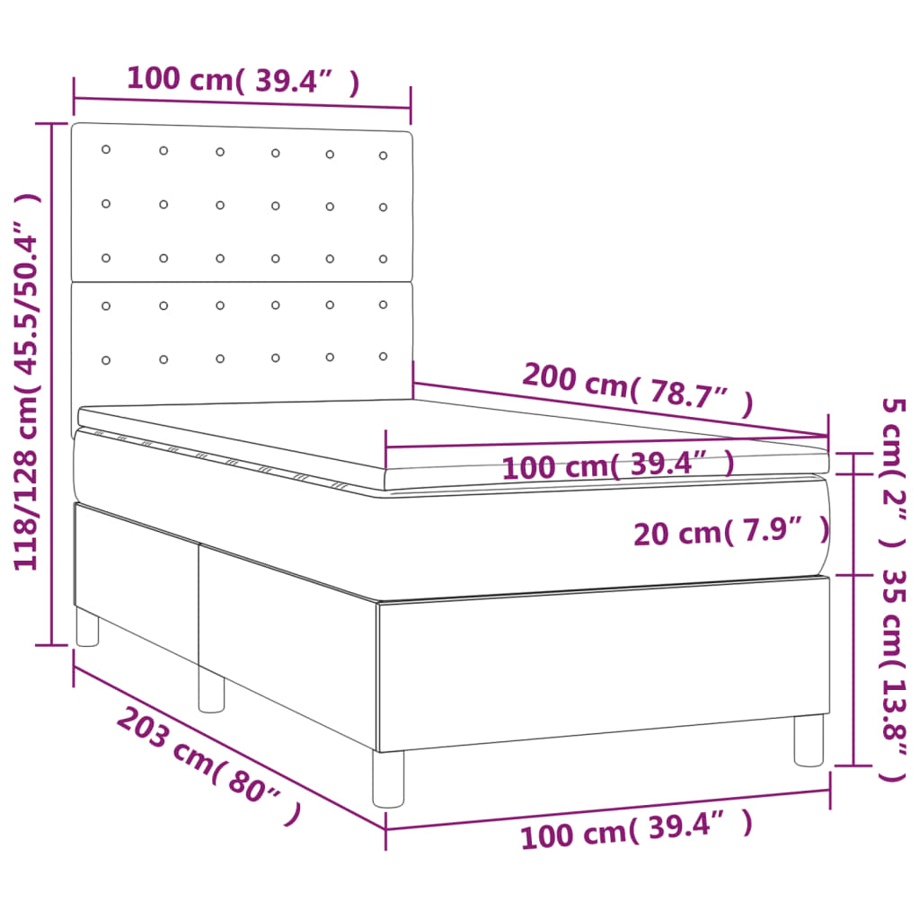 Krevet box spring s madracem LED svjetlosivi 100x200 cm baršun