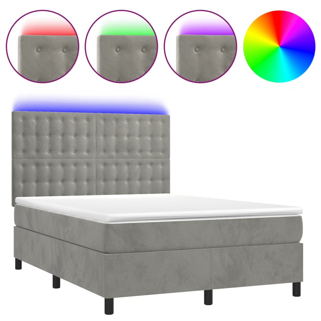 Krevet box spring s madracem LED svjetlosivi 140x190 cm baršun