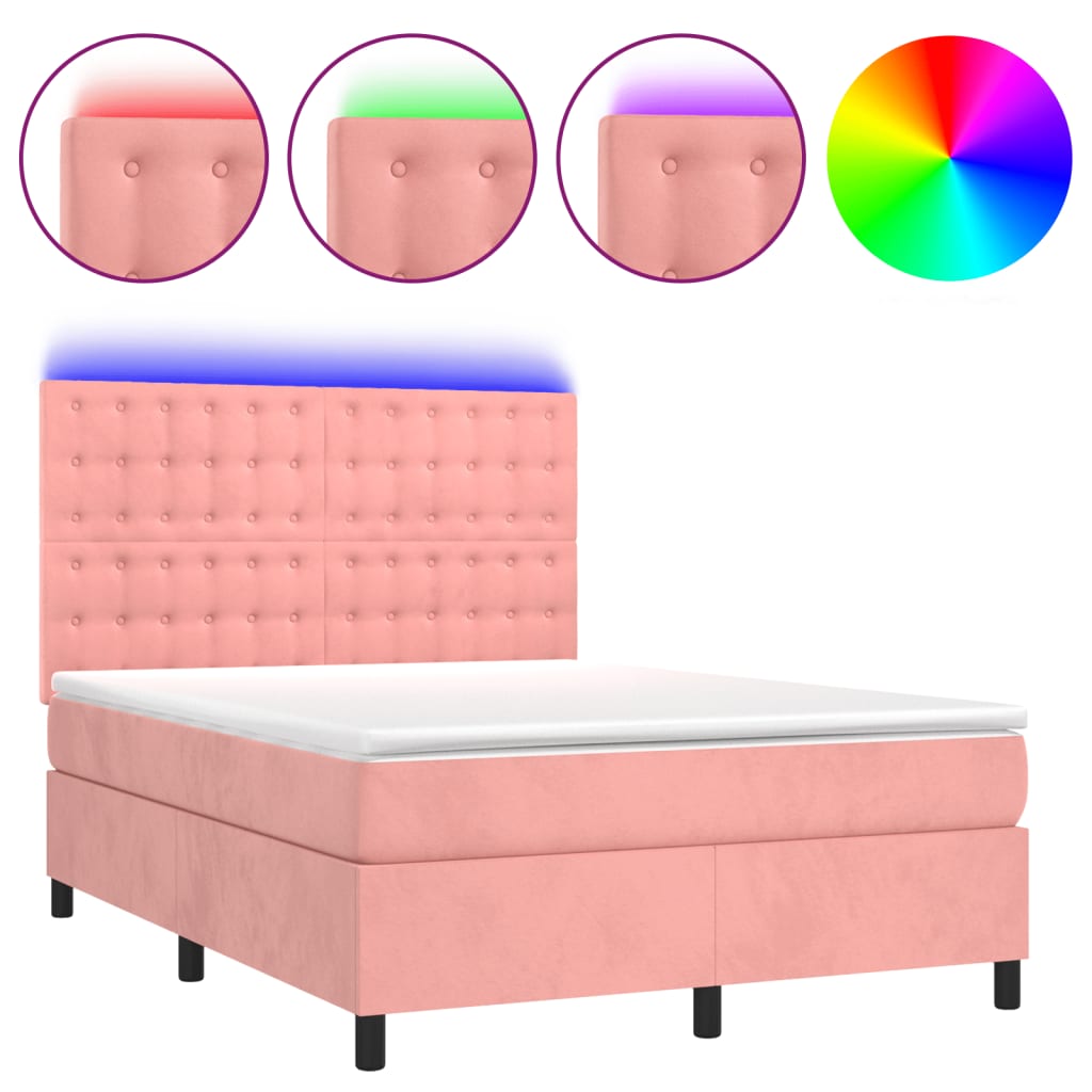 Krevet box spring s madracem LED ružičasti 140x190cm baršunasti